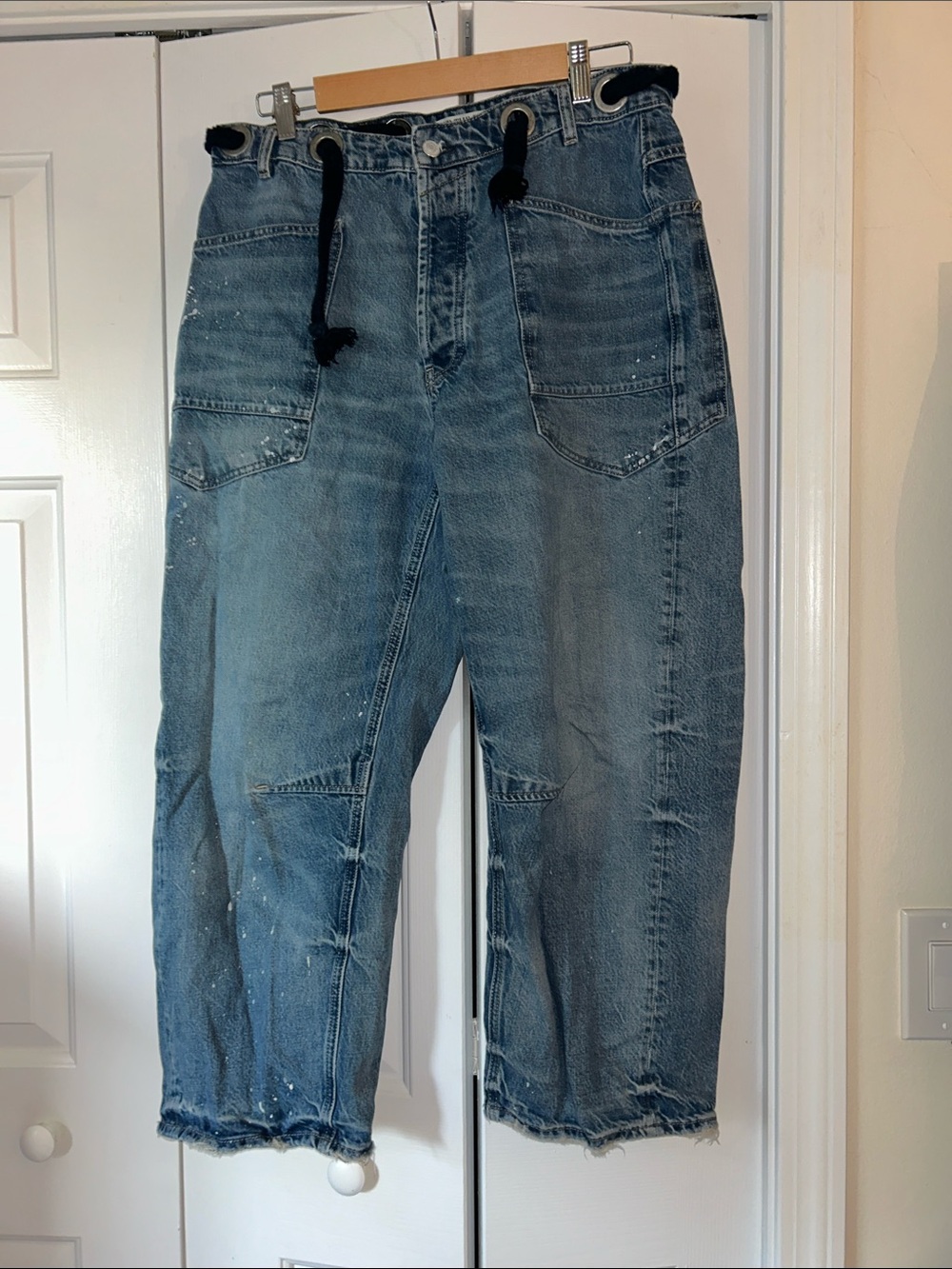 We The Free Distressed Blue Denim Relaxed Barrel Leg Jeans with Black Drawcord